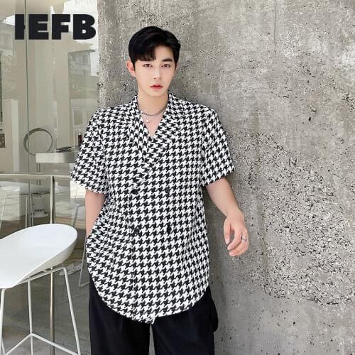IEFB Mens Clothing Niche Design Trend Suit Collar Shirt Mens Vintage Black White Plaid Check Shirts Double Breasted Top 9Y7757