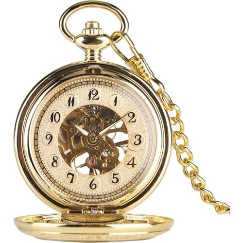 Necklace Pocket Watch for Men,Hand Operated Mechanical Gold Pocket Watchers for Boys, Double Sided Carved Male Pocket Watch Gift