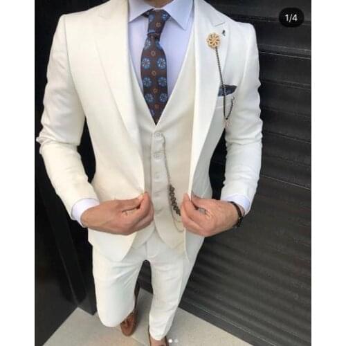 Latest Design Casual Ivory Men Suits Terno Slim Fit Formal Groom Prom Dress Tuxedo Male Wedding 3 Piece Blazer Suits Vest Pants