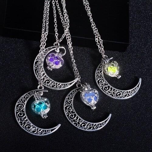 New Hot Moon Glowing Necklace,Gem Charm Jewelry,Silver Plated,Women Halloween Hollow Luminous Stone Necklace Gifts