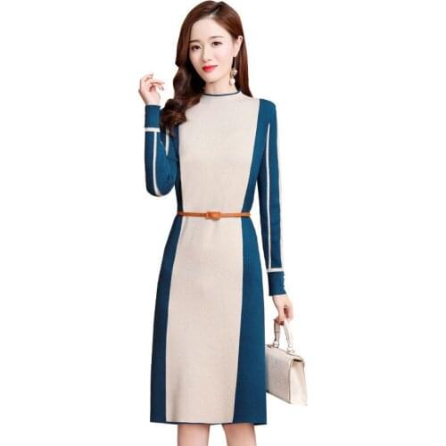 New Womens Knitted Dress Winter Korean Version Of A-line Skirt Contrast Color Fashion Casual Skirt Base Sweater Dresses Female