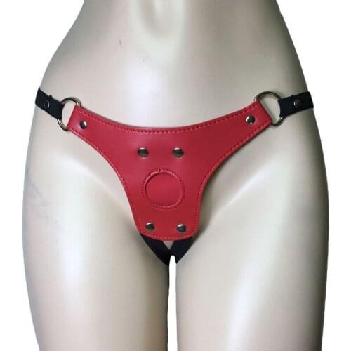 Sexy Female Leather Strap-on Harness Knickers Panties Red Leather Strap on Jockstrap Shorts with Nylon Strap Underwear Lingerie