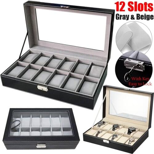 12 Slot Watch Box Glass Top Watch Cases PU Leather Watches Display Case Jewelry Organizer Box Holder Storage Watch Organizer