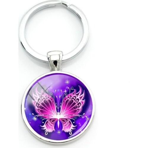 TAFREE Dazzle Color Butterfly Image Keychains Insect With Wings Pattern Metal Key Glass Cabochons Dome New Fashion Jewelrys