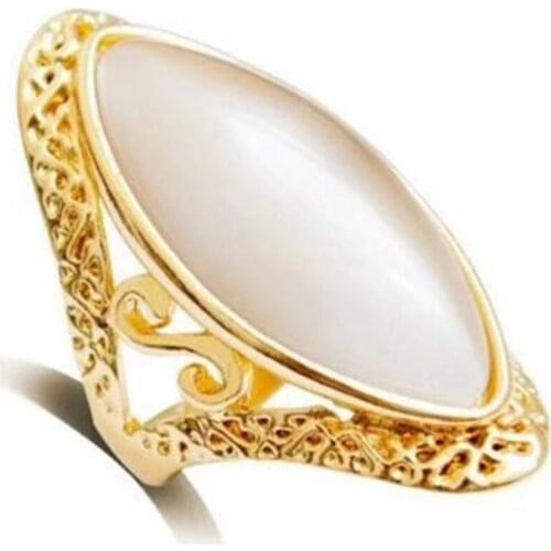 FYJS Unique Light Yellow Gold Color Alloy Marquise Shape Finger Ring White Shell Jewelry