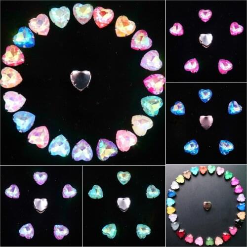 Heart shape 20pcs/p 10mm Silver claw settings jelly candy glass Crystal Sew on rhinestone beads wedding dress bags shoe diy trim