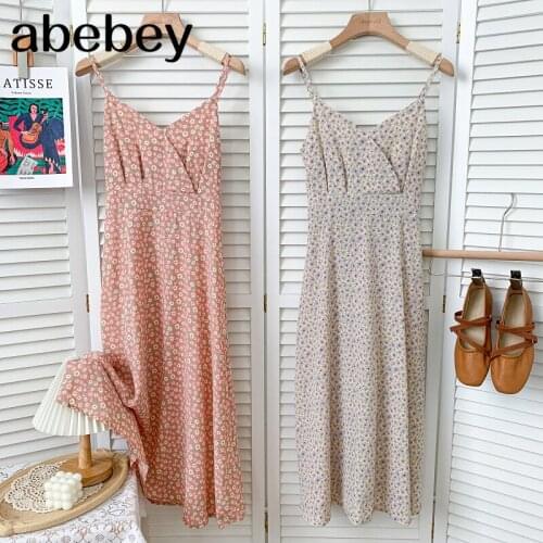 Vintage V-neck sleeveless off shoulder Dress high waist pleated floral print mid-length A-line strap Dress 2021 New Summer