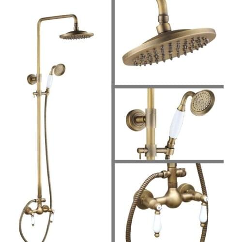 Vintage Retro Antique Brass Wall Mounted Bathroom 8" Round Rain Shower Head Faucet Set Dual Ceramic Handles Mixer Tap man118