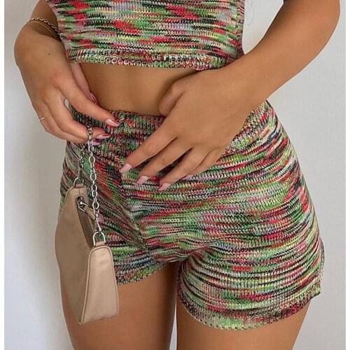 YiYiMiYu Knitted Slim High Waist Shorts Women Tie Dye Print Retro Short Pants Vintage Aesthetic Fitness Biker Shorts Harajuku