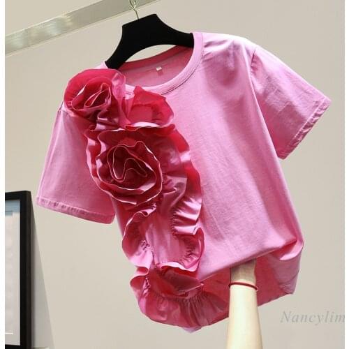 Three-Dimensional Flower T-shirt Woman 2021 Summer Korean Style Loose Personality Ruffled Top Shirt Camisetas De Mujer