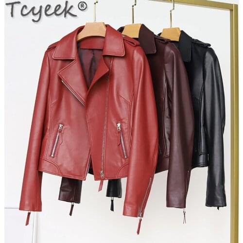 Tcyeek 100% Red Leather Jacket Women 2021 Real Sheepskin Coat Womens Jackets Spring Autumn Biker Jacket Casaco Feminino Gxy43