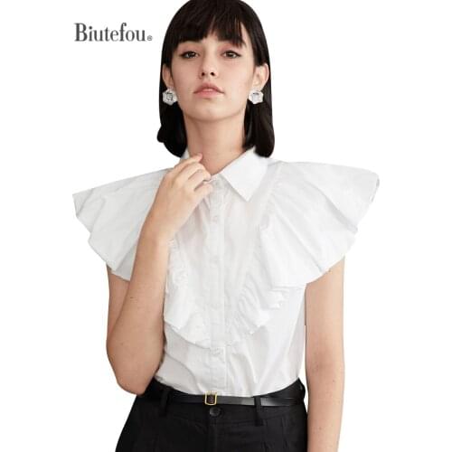【Biutefou】Original Design 2021 Summer Women Flying Sleeve Ruffle Solid Color Shirt