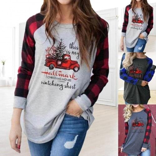 SANWOOD Women Casual Christmas Printing Plaid Raglan Long Sleeve Shirts Blouse Tops christmas clothes 2020