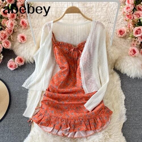 2021 New Summer Fashion V-Neck long sleeve single button Shirt Top + sleeveless high waist print strap Dress 2-piece set