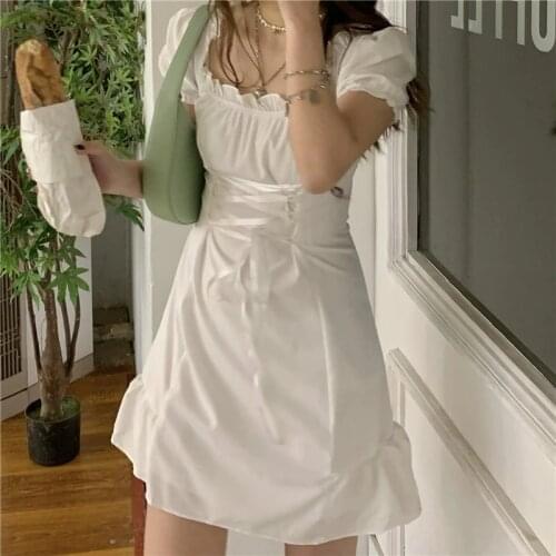 2021 Retro Stitching Wood Ears Lace Cross Lacing Up Short Sleeve Short Dress for Woman White French Mini Dresses Holiday