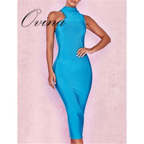 New Celebrity Solid Slitted Slip Blue Bodycon Bandage Dress Womens Evening Party Dress