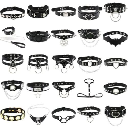 Goth Women Choker Chains Necklaces Sexy Rivet Black Punk Slave PU Leather Stainless Steel Chain Bondage Collar Gothic Jewelry