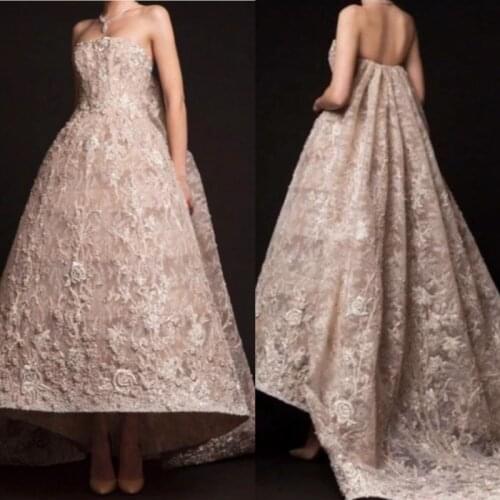 Saudi Arabia Retro Lace Evening Dresses Strapless High Low Sweep Train Prom Gowns Sexy Backless Robe De Soiree Custom Made