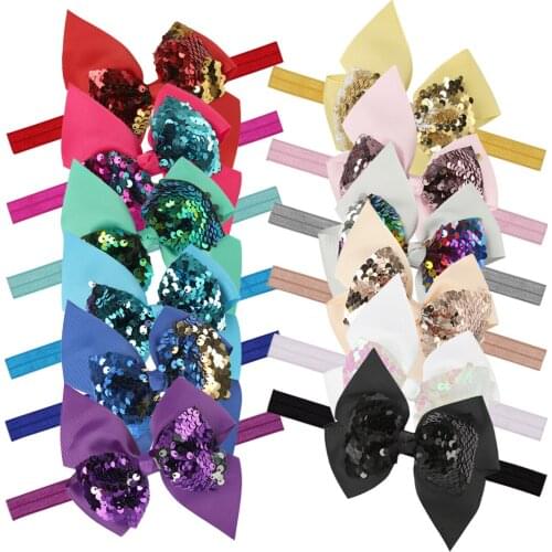 12pcs/lot 4.5" Reversible Sequins Bow Headbands Girls' Ribbon Bows With Elasticity Hair Band Kids Headband