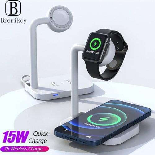 15W 2 in 1 Wireless Charger Qi Stand for iPhone 12 Pro 11 XS Max Samsung Wireless Fast Charging Stand Dock for iWatch 6 5 4 3 2