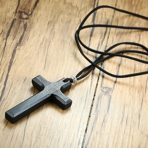 Large Wood Cross Necklace with Leather Cord Hand Carved Cross Necklace Christian Faith Jesus Mens jewelry