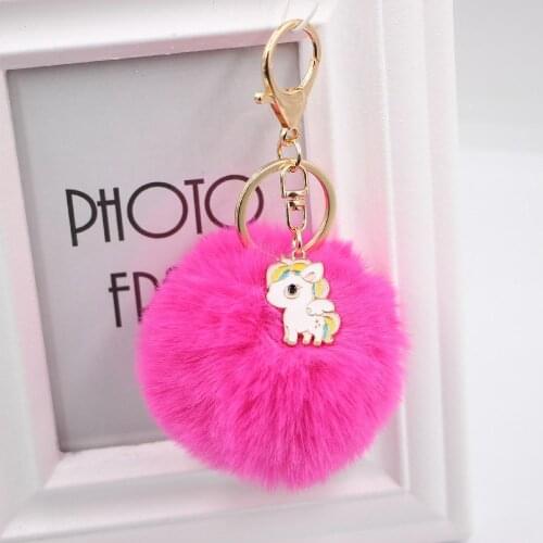 Fur Pom Pom Unicorn Keychain Fluffy Artificial Rabbit Hair Keychain Porte Clef Pompon De FourrurePU Leather Womens Keyring Gift