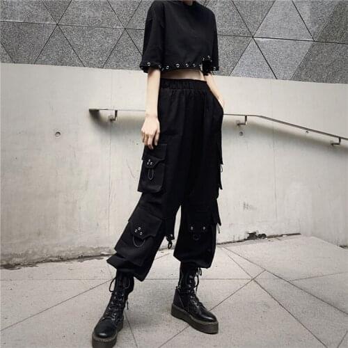 Spring Black Cargo Pants Women Solid Color Elastic Waist Slim Fashion Casual Punk Hip Hop Pocket Ladies Military Trousers B056