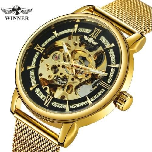 WINNER Official Classic Skeleton Mechanical Watch Men Luxury Golden Automatic Watches Mesh Strap Male Clock relogio masculino