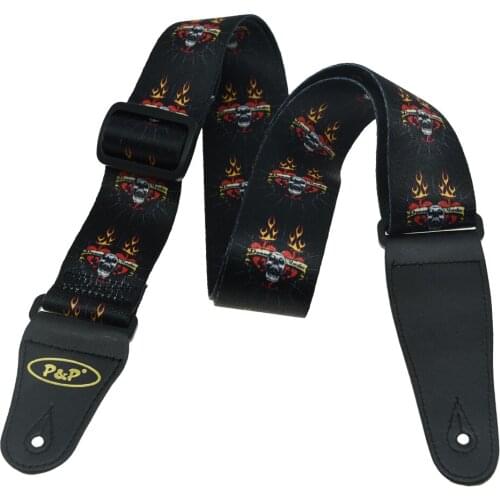 KAISH 2" Soft Polyester Acoustic Electric Guitar Bass Adjustable Strap Black with Fire Skull