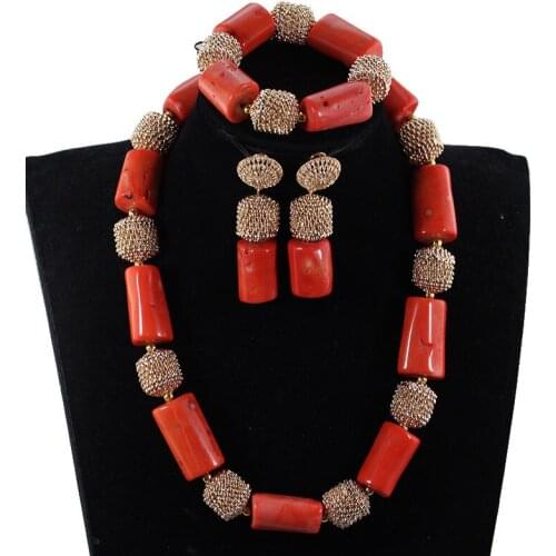 Classic Coral Beads Wedding Necklace Jewelry Sets Coral African Gold Beads Women Bridal Party Necklace Costum Jewelry Set CG072
