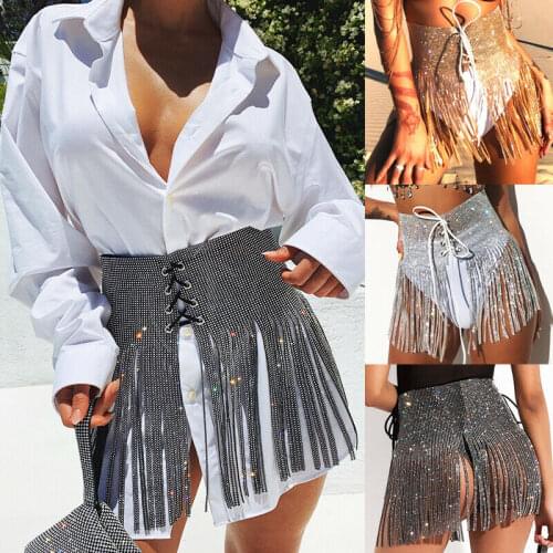 Women Sequin Tassel Metal Mini Skirt Wrap Festival Party Club Beach Bikini Skirt Fringe High Waist Skirts Womens A Line Skirts