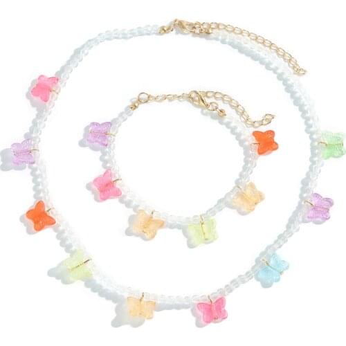 Fashion Transparent Crystal Acrylic Beads Colorful Butterfly Pendant Choker Necklace Bracelet Set For Women Girl Summer Jewelry