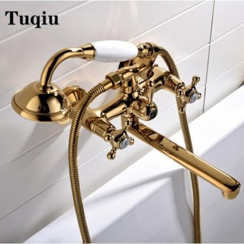 Bathtub Faucet Set Gold double handle brass bathroom shower faucet with long swivel pipe American Style cross handle classical