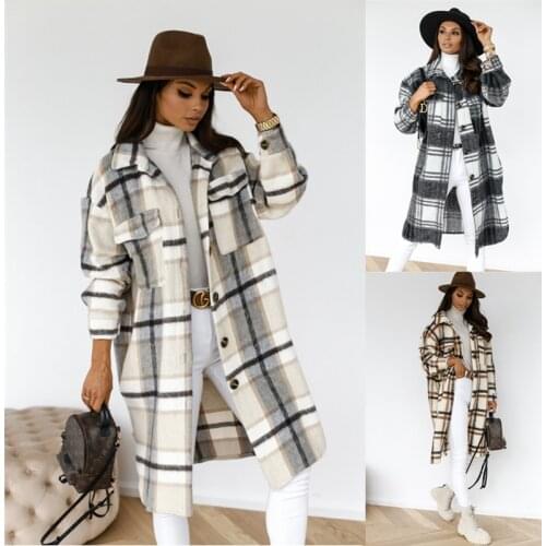 2021 New Arrivals Winter Checked Women Jacket Down Overcoat Warm Plaid Long Coat Oversize Thick Woolen Blends Female Streetwear