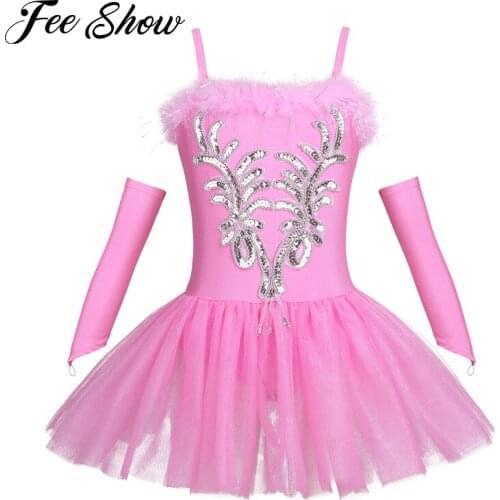 Autumn Winter Kids Girls Dresses Spaghetti Strap Sequined and Beads Flower Ballet Leotard Tutu Dress with Gloves Hair Clip