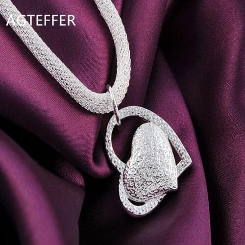 AGTEFFER 925 Sterling Silver 18 Inch Double Heart Pendant AAA Zircon Necklace For Women Fashion Wedding Charm Jewelry