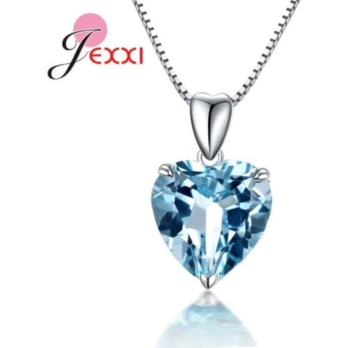 Blue Heart Zircon Crystal Pendant Necklace 925 Sterling Silver Square Chain Long Fine Jewelry For Women Wedding Party Gift