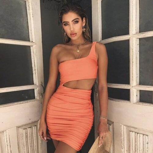 Womens Summer Large Size Solid Color Incline One Shoulder Sleeveless Open Back Dress Above Knee Mini Dress