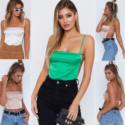 Silk Crop Top Women Casual Solid Tank Tops Camis Summer Lace Up Backless Sexy Sleeveless Crop Top Shirt Cami