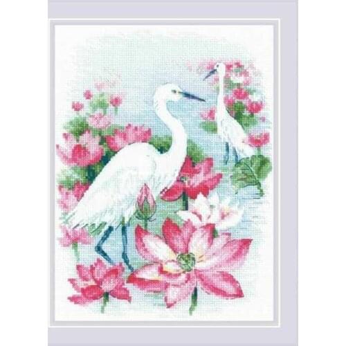 Top Manufacturer Embroidery Lotus and Heron Funny Cross Stitch Pictures with 100% Cotton Flosses & Free Shipping for Wall Decor