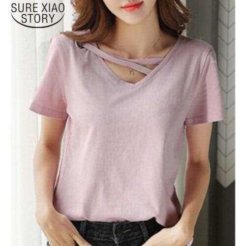White T-shirt Fashion Women T Shirt 2019 Summer V Collar Cotton Female Shirt Short Sleeve Women Shirts Womens Clothing 2573 50