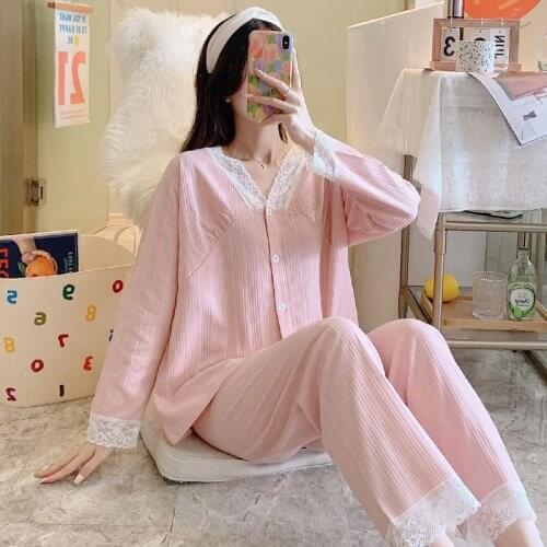 Ladies New Pajamas, Long-sleeved Cotton Cardigan, Home Wear, Autumn and Winter Lace Casual Two-piece Suit Women