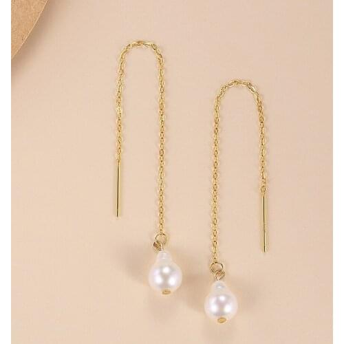 ELESHE Wholesale 925 Sterling Silver 18K Gold Plated Long Thread Earrings Natural Pearl Drop Earings for Women Dainty Jewelry