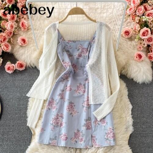 2021 New Summer Fashion V-Neck long sleeve single button Shirt Top + sleeveless high waist print strap Dress 2-piece set