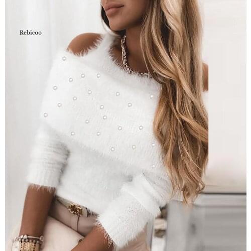 Women Elegant Off Shoulder Straps Shaggy Sweater Winter Solid Color Sexy Slash Neck Pullover Tops New Casual Long Sleeve Sweater
