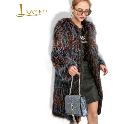 LVCHI Gradient Natural Real Sliver Fox Overcoat Autumn Winter 2019 Brief Fashion Genuine Leather Coat Red Fox Noble Women Furs
