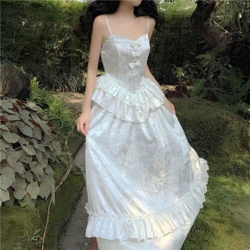 JuneLove Women Summer New Lolita Retro Dress Palace Style Sweet Girl Camisole Dress Super Fairy Princess Bow Dress Bride Dress