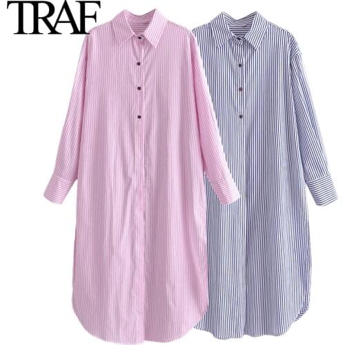 Traf Za Women Fashion Lapel Loose Striped Large Shirt Dress Pink Long Sleeve Dress Maxi Dress Female Robe Vestidos Mujer