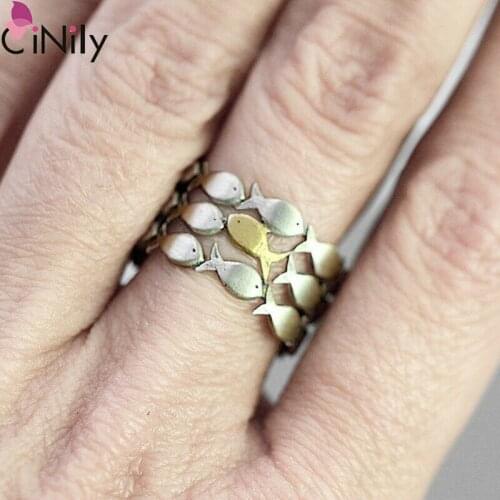 CiNily Ocean Silver and Gold Open Fish Women Jewelry Adjustable Ring Beach Cocktail Party Fully-Jewelled Female