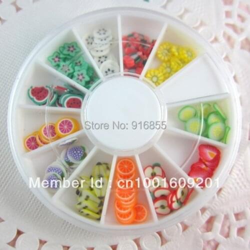 5sets/lot, 12 Color Nail Art Fimo 3D Polymer Clay Fruit DIY Slice Decoration W/box Wheel Free shipping